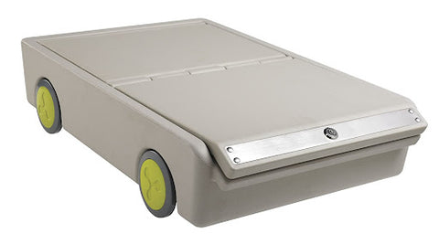 A silver safe that looks like a flat car and has wheels for moving around easily