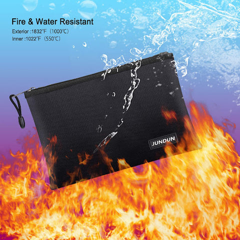 The Jundun fireproof waterproof document bag with flames at the bottom and water on the top of the image