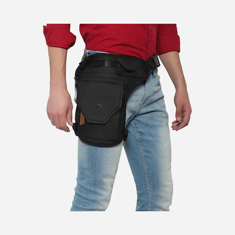 A person with a money bag strapped to the leg