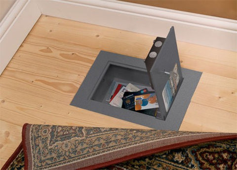 A safe in the floorboard hidden by a rug