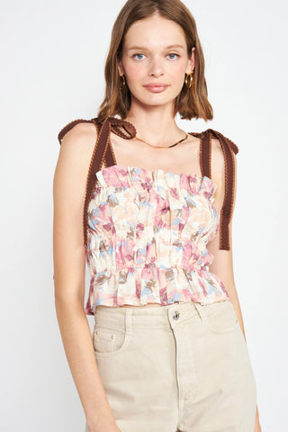 Lario Pink Sleeveless Top; Pink and white tank top with brown tie up sleeves