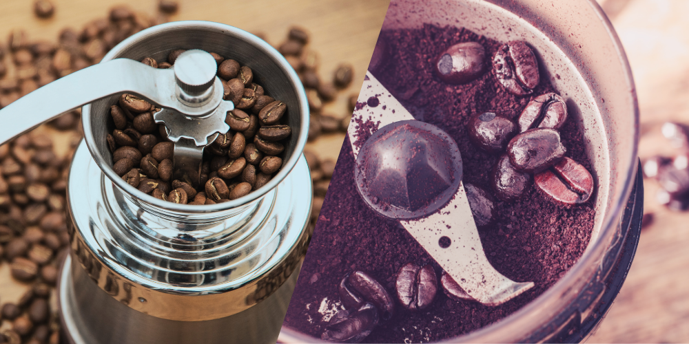 comparison of manual and electric grinders. close up of grinders filled with beans