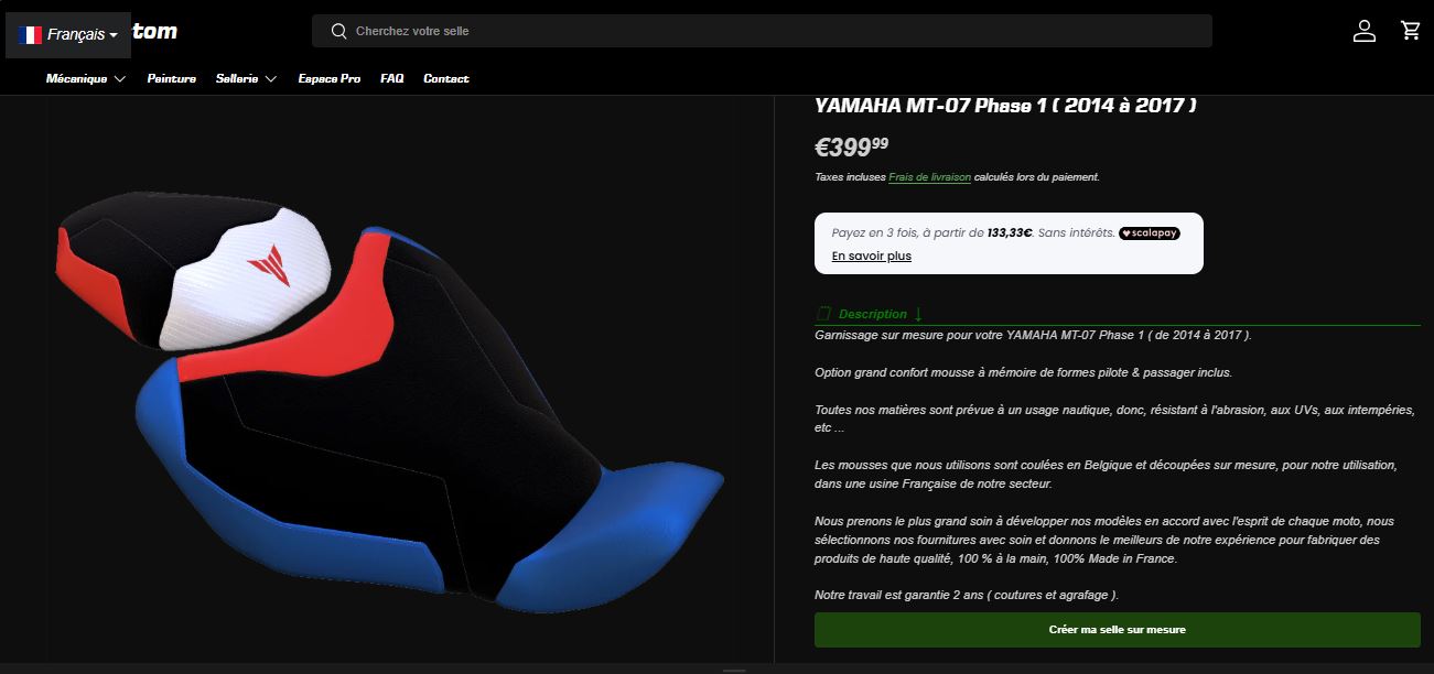 créer selle yamaha mt-07 personnalisée, 100% en ligne