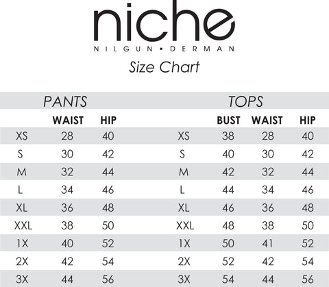 image shows a clothing size chart for Niche clothing.