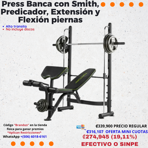 Press Banca con Smith, Predicador, Extensión y Flexión piernas