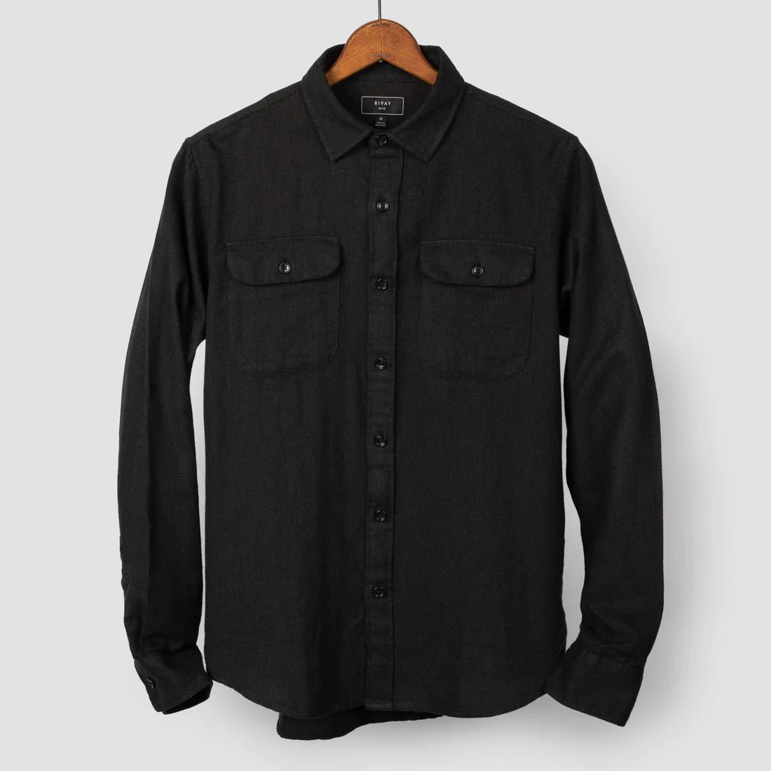 Miles Brushed Flannel Camp Shirt in Dark Olive Herringbone by RIVAY