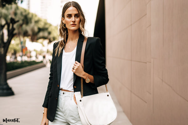 Round neck plain white t shirt paired with a blazer 