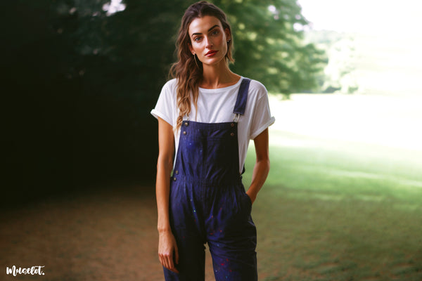 White t shirt tucked in a pair of overalls