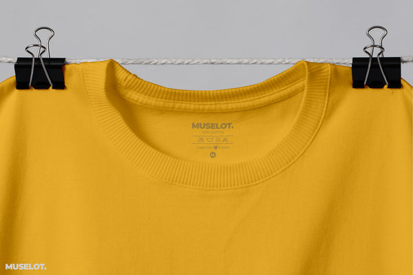 Golden yellow plain t shirts for men online in 100% cotton, round neck and half sleeve.