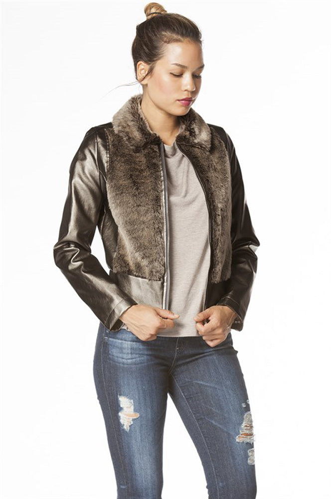 Faux Fur Vegan Leatherette Collared Two Tone Long Sleeve Outerwear Jac ...