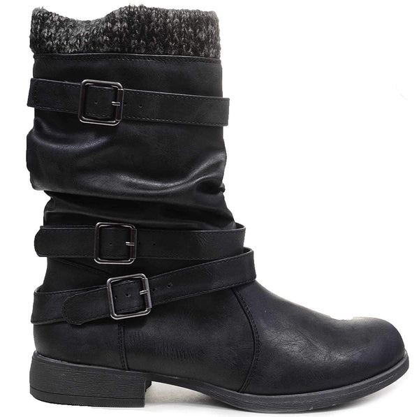 black flat boots with buckles