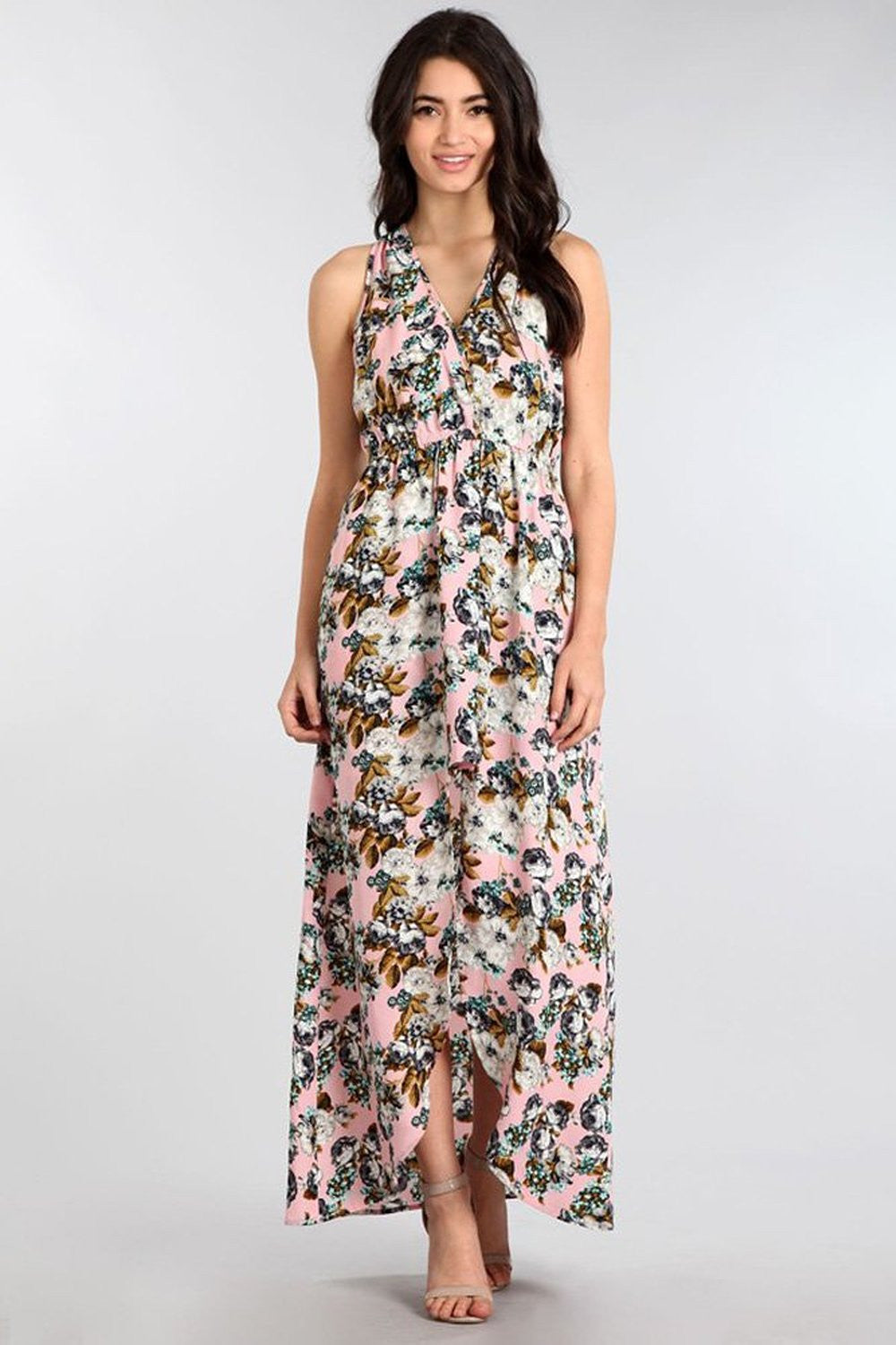 Floral Pink Asymmetric Hi-Lo Relaxed V-Neck Knit Maxi Dress – Fourever ...