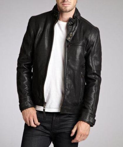 Men’s black leather jacket with detailing