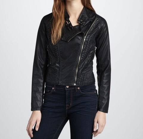 Women's simple black motorcycle jacket