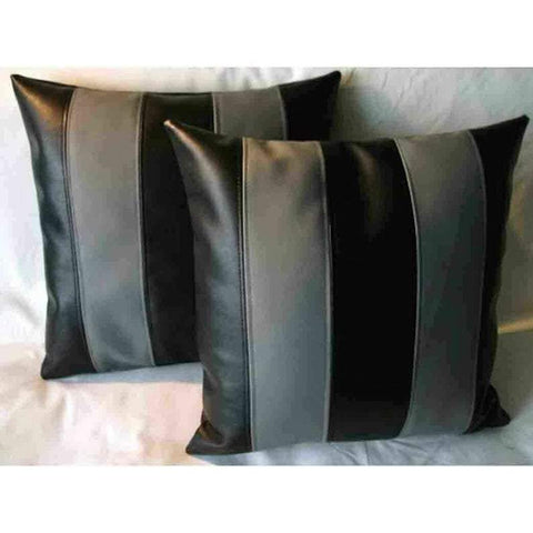 NOORA Designer Leather Pillow Square Cover Decorative For Couch Throw Pillow Handmade Cushion Black & Grey Stripe Paneled Cushion Case