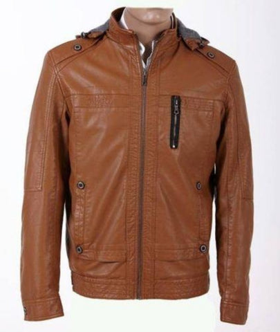 men’s brown leather jacket with hoodie - Noora International