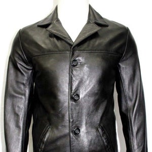 NOORA NEW 1970's Classic Men's Casual Overcoat Knee Length Style with buttons Black Real Leather Tre