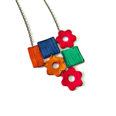 Colorful statement necklace with geometric and floral shapes