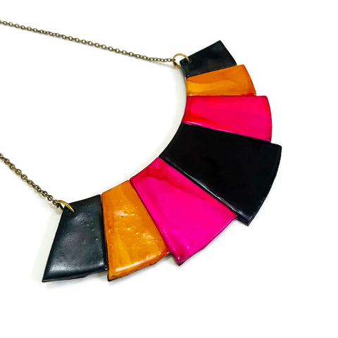 Geometric Bib Necklace in Hot Pink, Yellow and Black