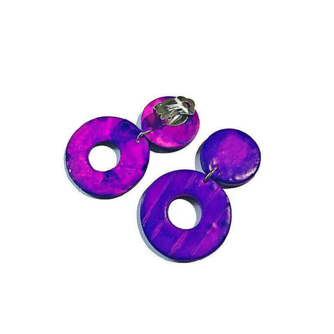 Dark Purple Earrings, Big Statement Earrings Handmade from Polymer Clay Painted, Retro 70s 80s Jewelry, Unique Handmade Gift Ideas for Women - Sassy Sacha Jewelry
