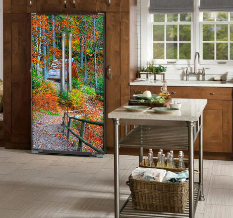 Dark Brown Wood Kitchen with Fall Time Magnet Skin Images on Refrigerator