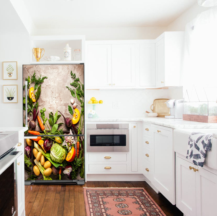 Full Kitchen Layout Wood Floors with Healthy Good Food Magnet Skin on Model Type Fridge Bottom Freezer Next to Recessed Microwave Surrounding White Cabinet