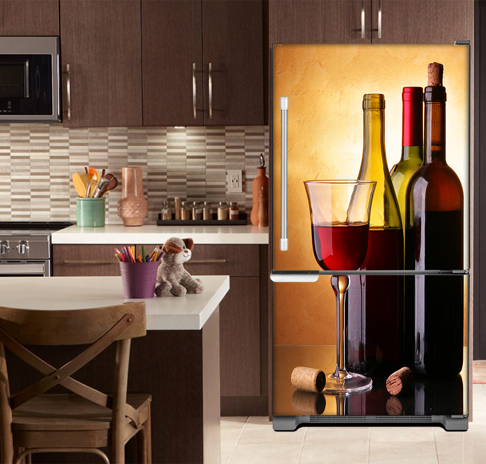 Kitchen Brown Cabinets Ivory Countertop Wine Bottles Magnet Fridge Skin on Model Type Fridge Bottom Freezer