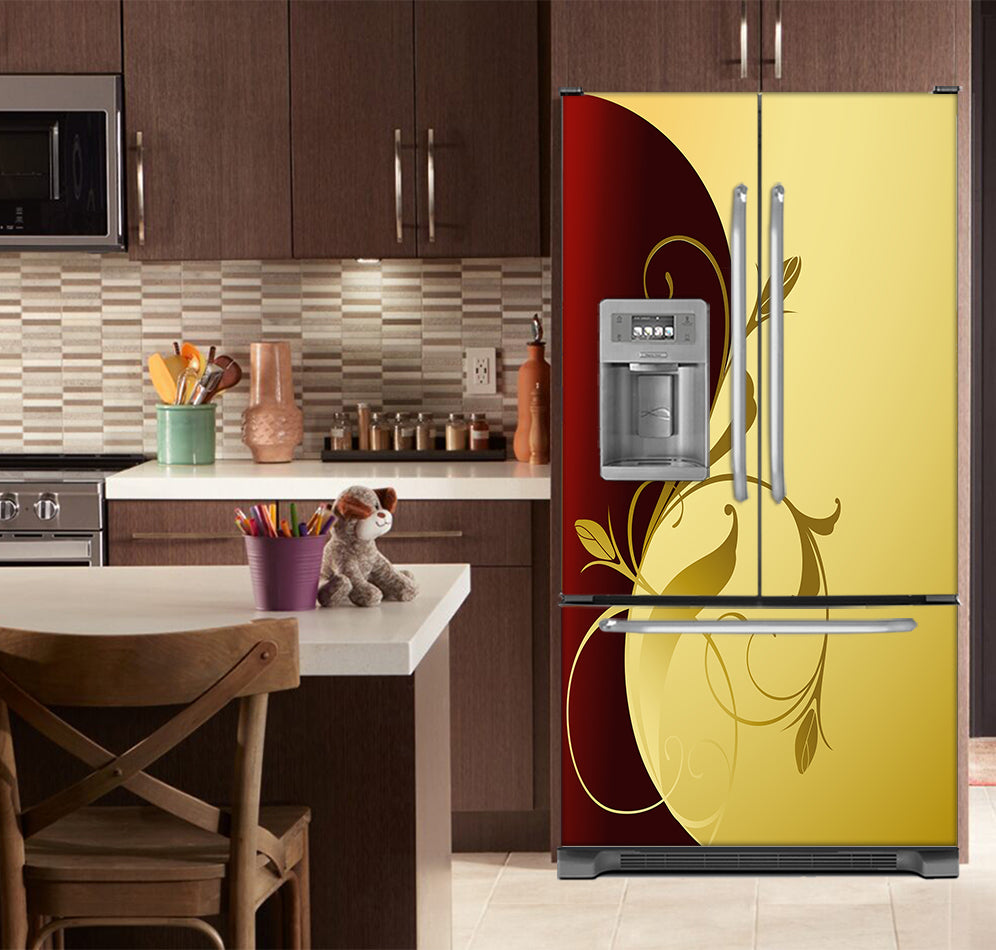 Kitchen with Brown Cabinets Ivory Counter Top Burgundy Gold Leaf Magnet Skin on French Door Refrigerator with Ice Maker