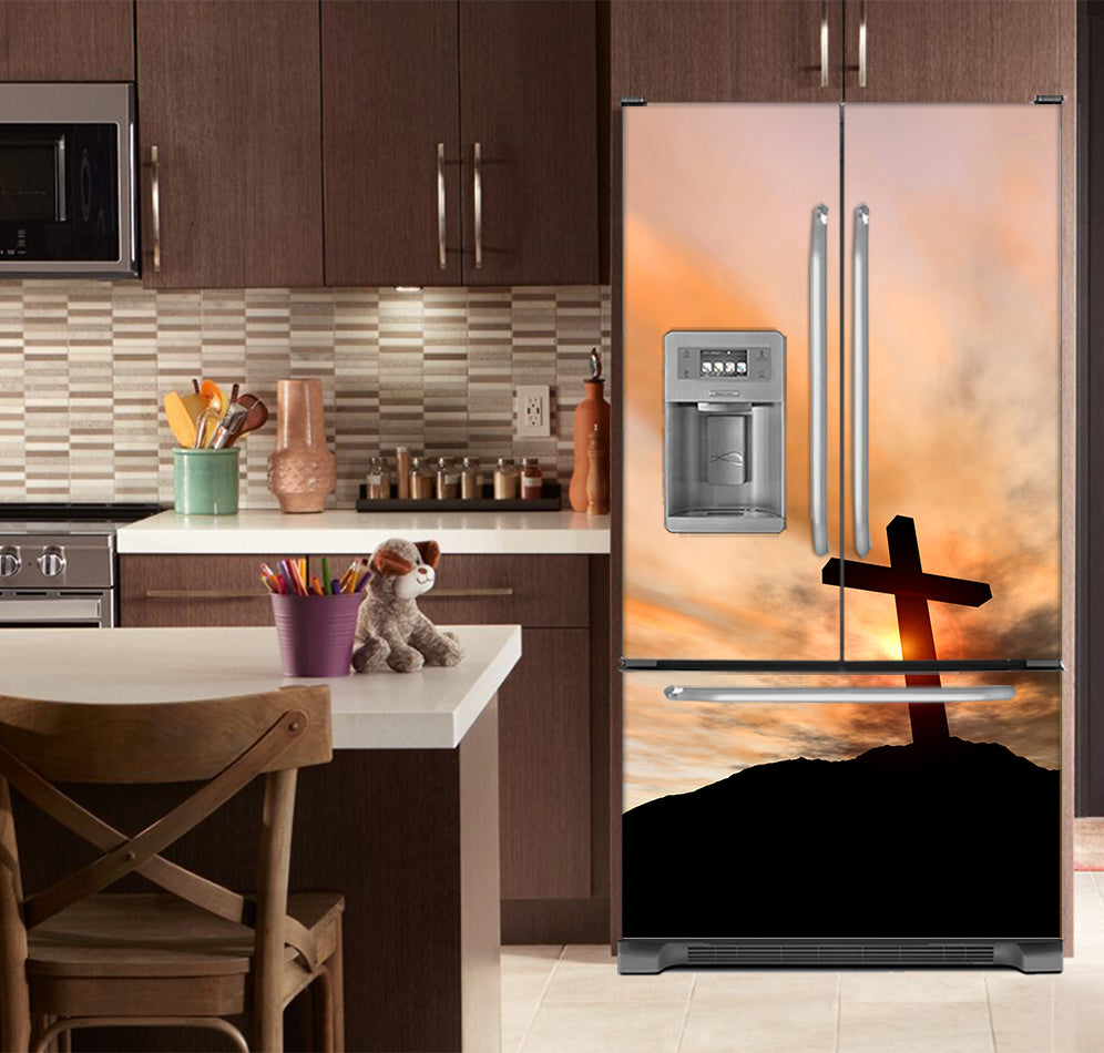 Kitchen with Brown Cabinets Ivory Counter Top Sunrise Cross Magnet Skin on French Door Refrigerator with Ice Maker