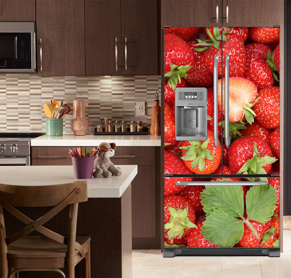 Kitchen with Brown Cabinets Ivory Counter Top Sweet Strawberries Magnet Skin on French Door Refrigerator with Ice Maker