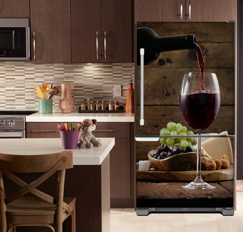 Kitchen with Brown Cabinets Ivory Countertop Pour a Glass of Wine Magnetic Fridge Wrap Skin Panel on Model Type Fridge Bottom Freezer Refrigerator