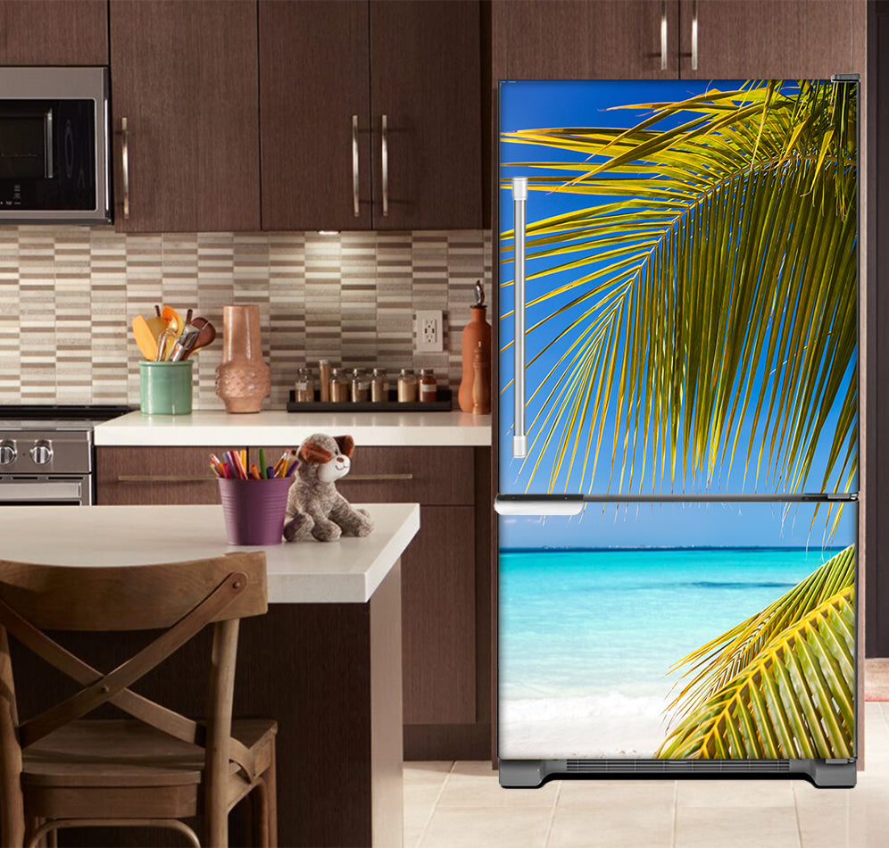 Kitchen with Brown Cabinets Ivory Countertop Tropical Breeze Magnetic Fridge Wrap Skin Panel on Model Type Fridge Bottom Freezer Refrigerator