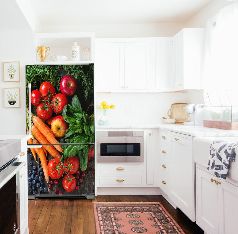 Kitchen with Brown Cabinets Ivory Countertop Veggie & Fruit Melody Magnet Fridge Cover Skin Wrap Panel on Model Type Fridge Bottom Freezer Fridge