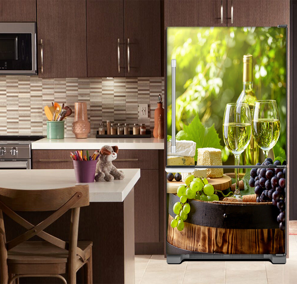 Kitchen with Brown Cabinets Ivory Countertop Winery Picnic Magnet Fridge Skin Wrap Panel on Model Type Fridge Bottom Freezer Refrigerator