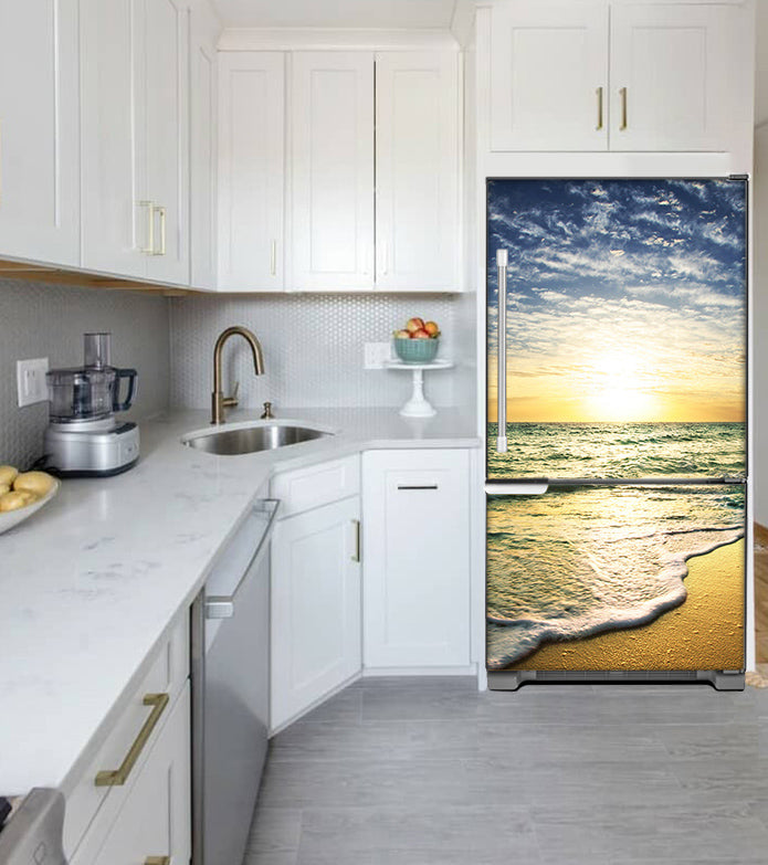 Narrow White Kitchen with Corner Sink White Cabinets Beach Sunrise Magnet Skin on fridge