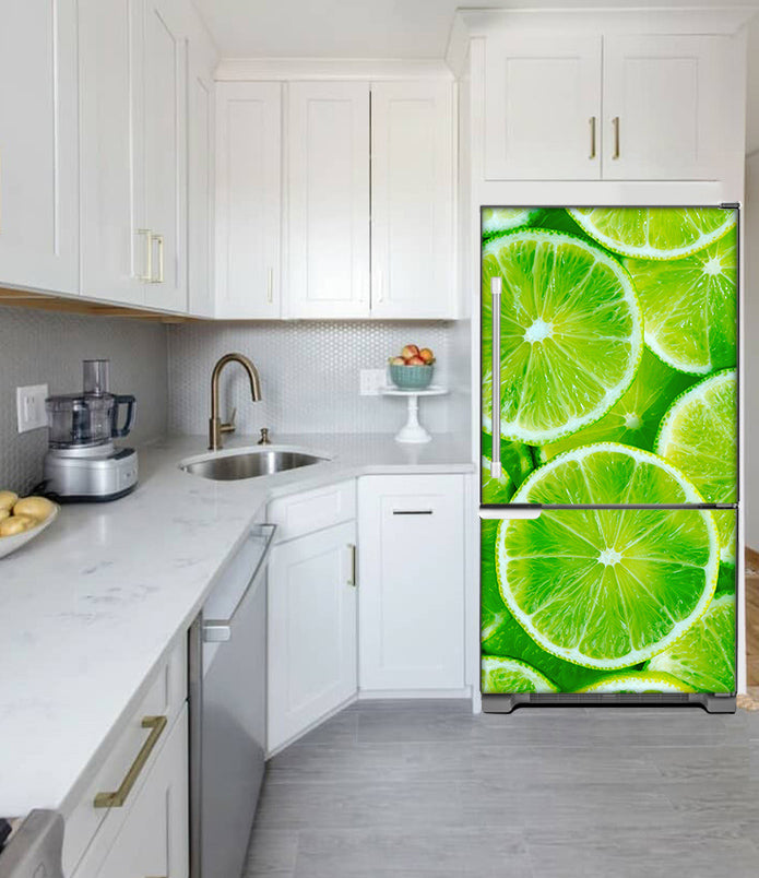 Narrow White Kitchen with Corner Sink White Cabinets Fresh Limes Magnet Skin on fridge