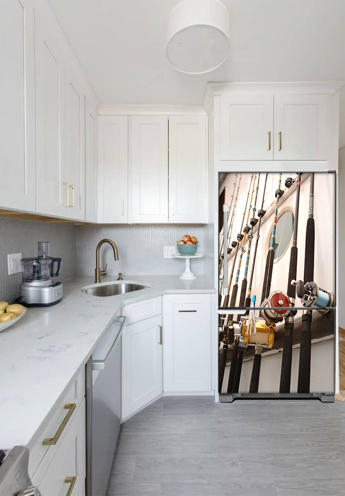 Narrow White Kitchen with Corner Sink White Cabinets Gone Fishing Magnet Skin on Refrigerator