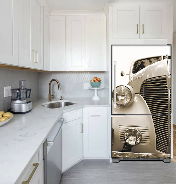 Narrow White Kitchen with Corner Sink White Cabinets Vintage Car Magnet Skin on fridge
