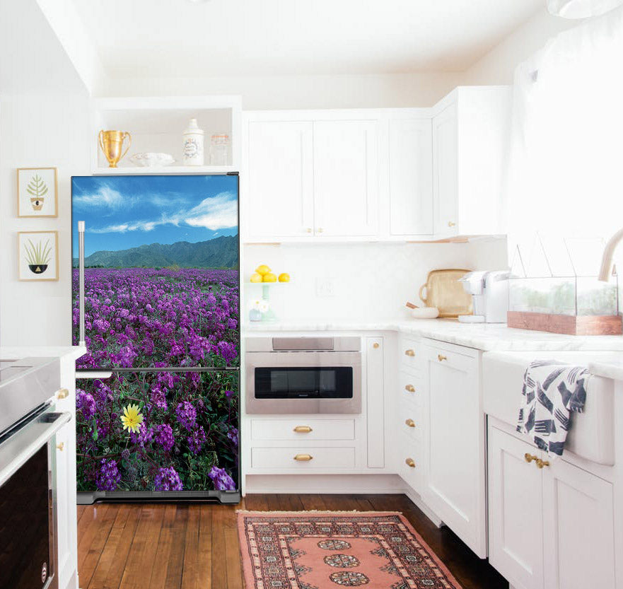 magnet daisy flower fridge skin in white kitchen