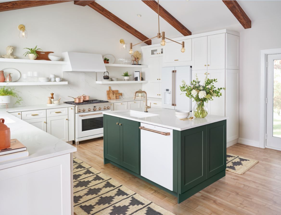 magnet white dishwasher cover on dishwasher inserted into a green kitchen island with white countertop