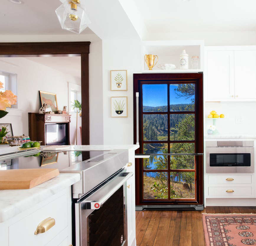 magnetic scenic window view fridge skin in white kitchen