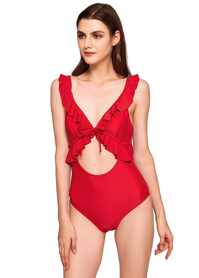Ruffle Cut Out V Neck One Piece Swimsuit