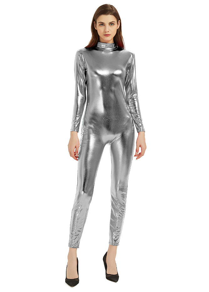 Front Zipper Catsuit-Bodysuit in Chrome Silver