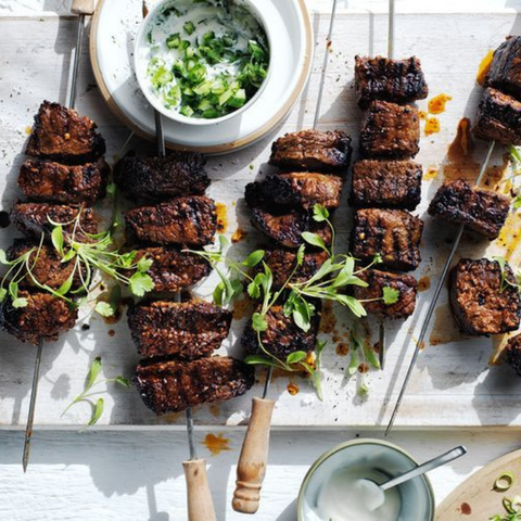 Beef Skewers with cucumber & spring onion yoghurt