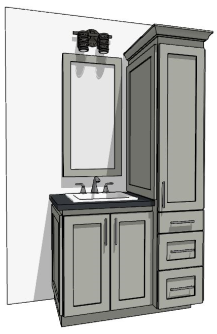 37-48" Vanity with 3-drawer linen cabinet on the right and sink over two full-height doors on left