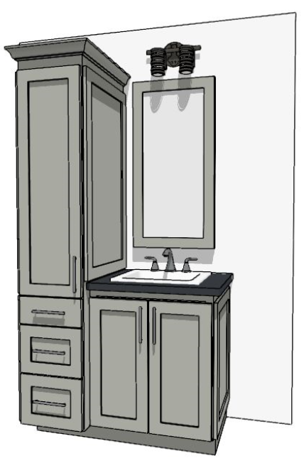 37-48" Vanity with 3-drawer linen cabinet on the left and sink over two full-height doors on right