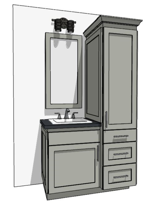 37-48" Vanity with 3-drawer linen cabinet on the left and sink over a false drawer front and one door on left