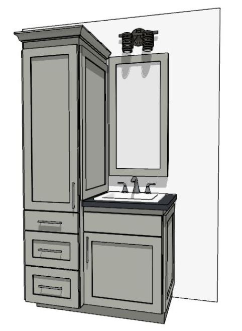 37-48" Vanity with 3-drawer linen cabinet on the left and sink over a false drawer front and one door on right