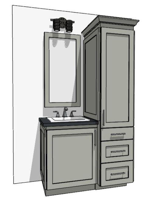 37-48" Vanity with 3-drawer linen cabinet on the right and sink over one full-height door on left