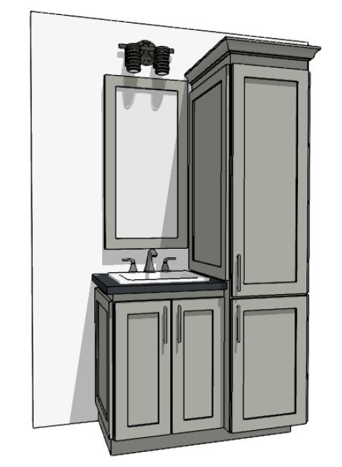 37-48" Vanity with two-door linen cabinet on the right and sink over two full-height doors on left